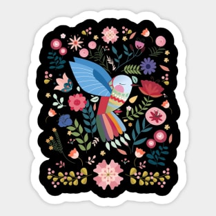 Folk Art Inspired Hummingbird With A Flurry Of Flowers Sticker